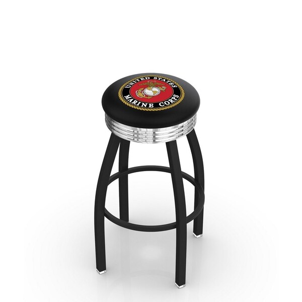 25" Blk Wrinkle U.S. Marines Swivel Bar Stool, Chrome Ring