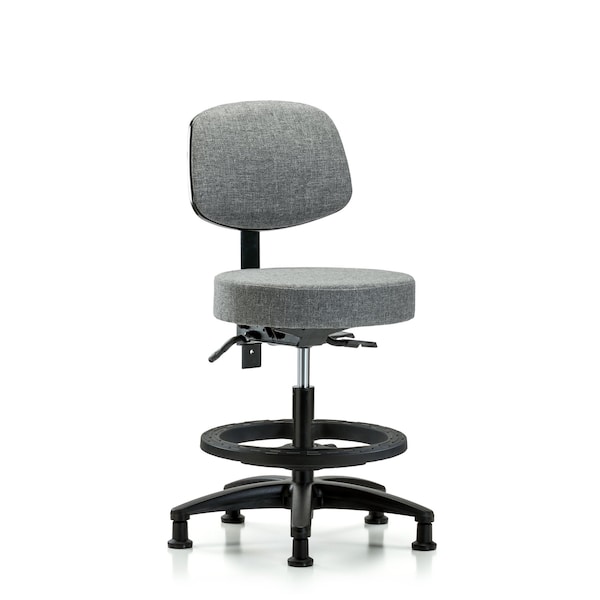 Rutledge Fab Stool with Back - Med Bench Height with Black Foot Ring and Stat Glides in Gray Fab