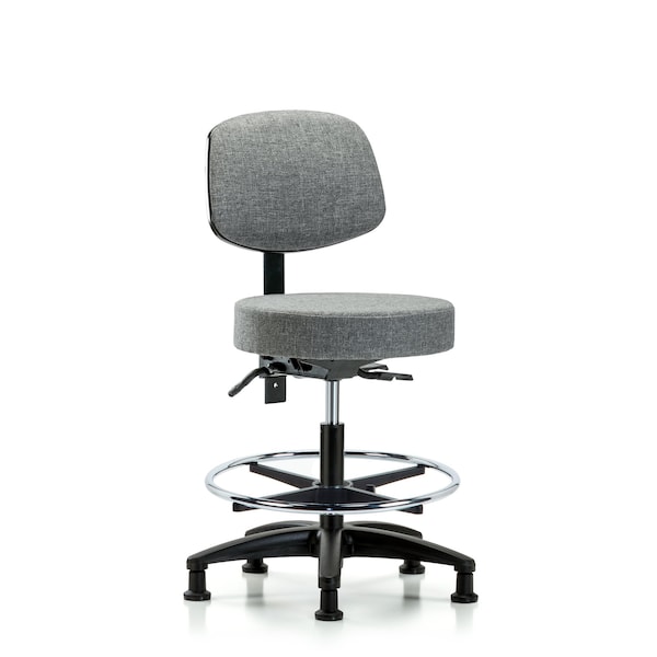Rutledge Fab Stool with Back - Med Bench Height with Chrome Foot Ring and Stat Glides in Gray Fab