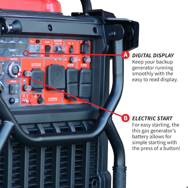 Portable and Inverter Generator, Gasoline, 9,000 W Rated, 10,500 W Surge, 120/240V AC, 50/30/20 A