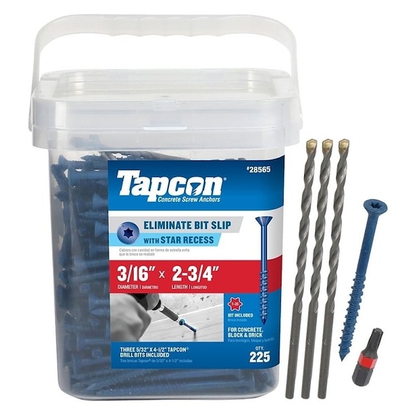 Tapcon Concrete Screw, 3/16" Dia., Flat, 2 3/4 in L, Climaseal Coated