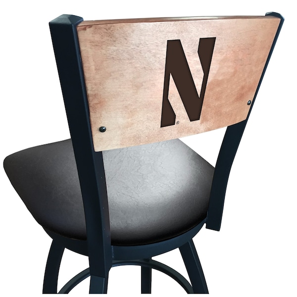 25" Blk Wrinkle Northwestern Swivel Bar Stool, Laser Engraved Back