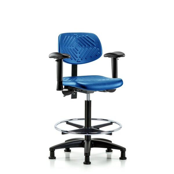 Poly Chair, High Bench, Tilt, Arms, Foot Ring, Glides, Blue