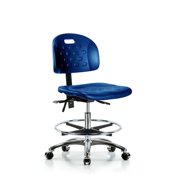 Poly Chair Chrome, Med Bench, Foot Ring, Casters, Blue