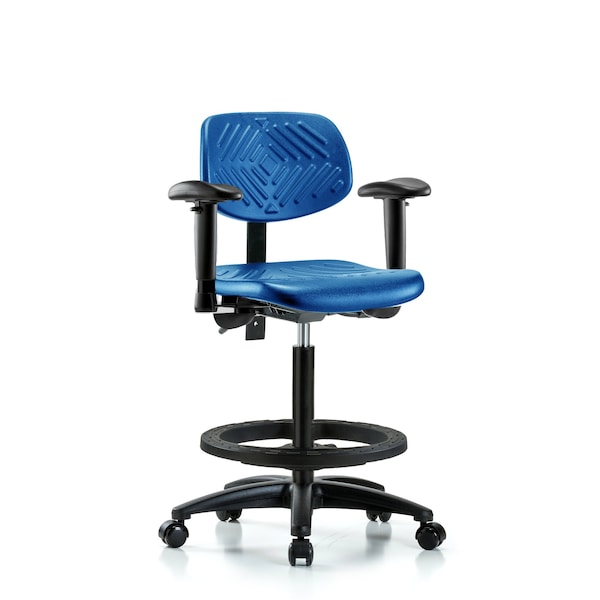 Poly Chair, High Bench, Tilt, Arms, Foot Ring, Casters, Blue
