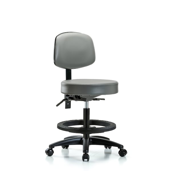 Vinyl Stool, Back, Med Bench, Tilt, Foot Ring, Casters, Sterling