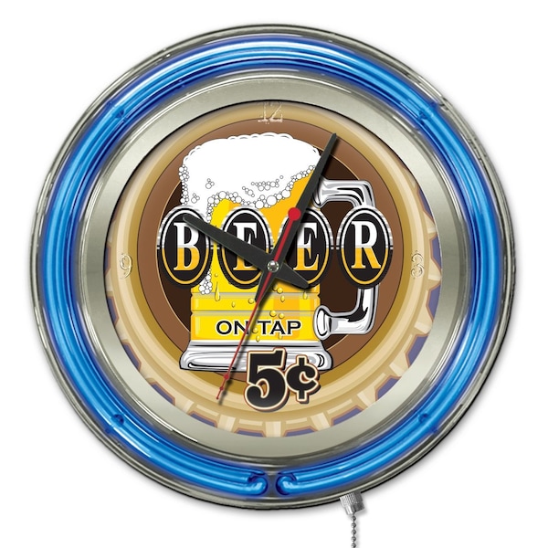 Beer 5 Cents Double Neon Ring, 15" dia. Logo Clock