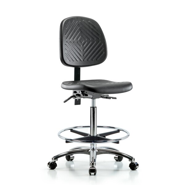 Bench Chair, Poly, Hi, Med Bk, Chrm, CF Cast, No Arms, 24-1/2" to 33-1/2" Height, Blue, Black