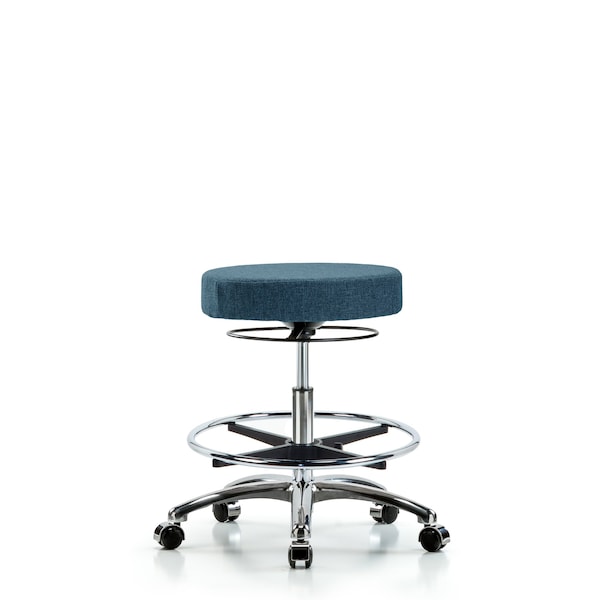 Rutledge Fab Stool without Back Chr-Med Bench Height with Chr Foot Ring and Casters in Blue Fab