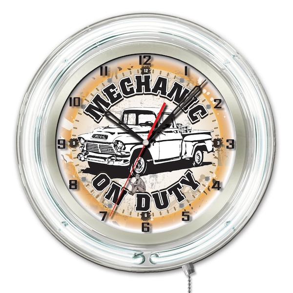Mechanic on Duty Double Neon Ring, 19" dia. Logo Clock