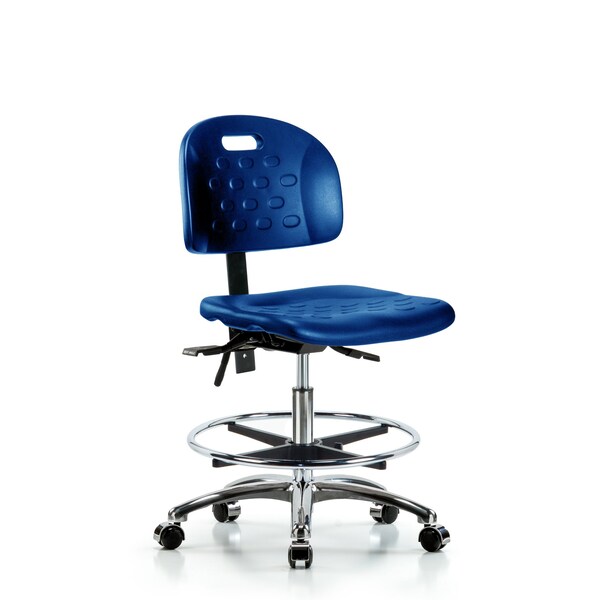 Poly Chair Chrome, Med Bench, Tilt, Foot Ring, Casters, Blue