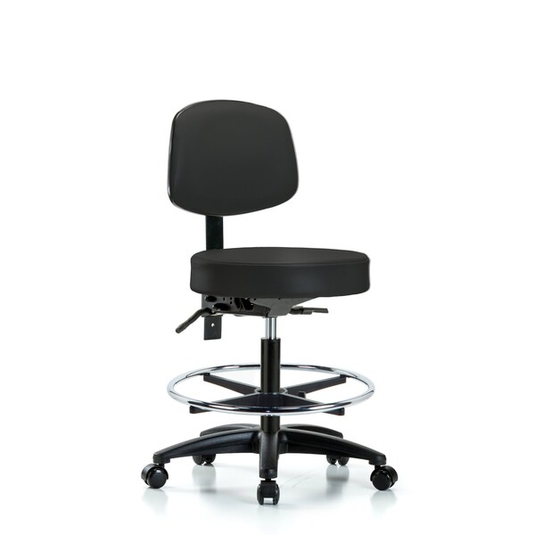 Bench Stool, Med, Vinyl, Bk, CF, Casters, BLK