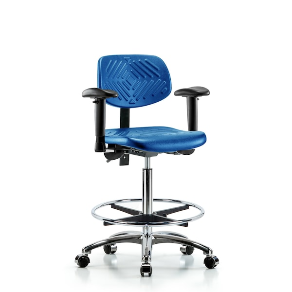 Poly Chair Chrome, High Bench, Tilt, Arms, Foot Ring, Casters, Blue
