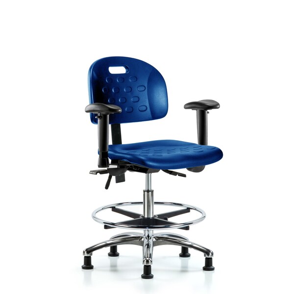 Poly Chair Chrome, Med Bench, Tilt, Arms, Foot Ring, Glides, Blue