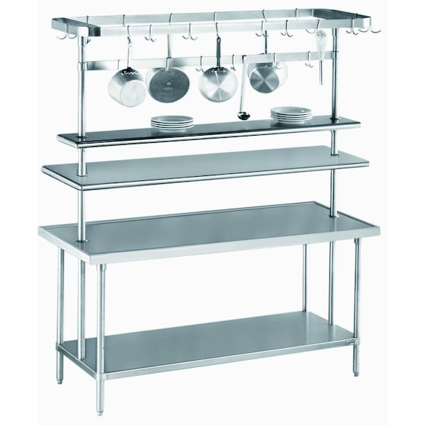 Overshelf, table mounted, single, 120 in.W x 18 in.D, stainless steel, uprights of shelf