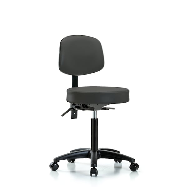 Bench Stool, Med, Vinyl, Bk, Casters, Gry