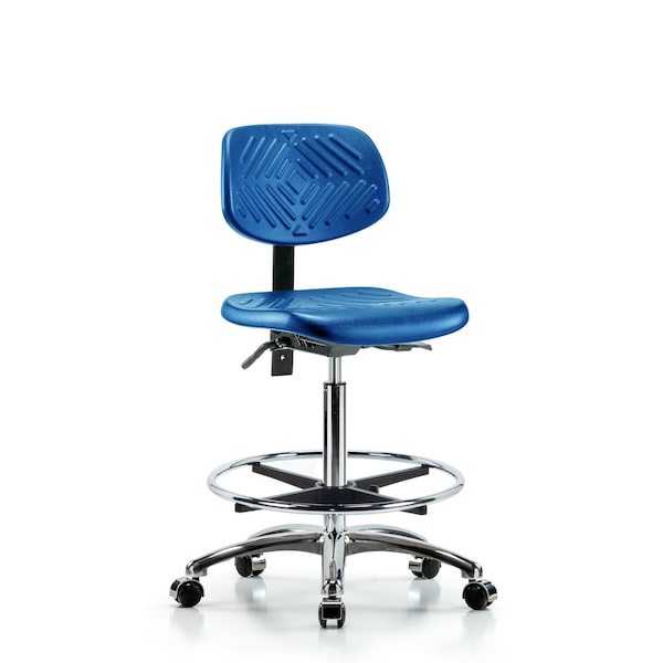 Poly Chair Chrome, High Bench, Tilt, Foot Ring, Casters, Blue