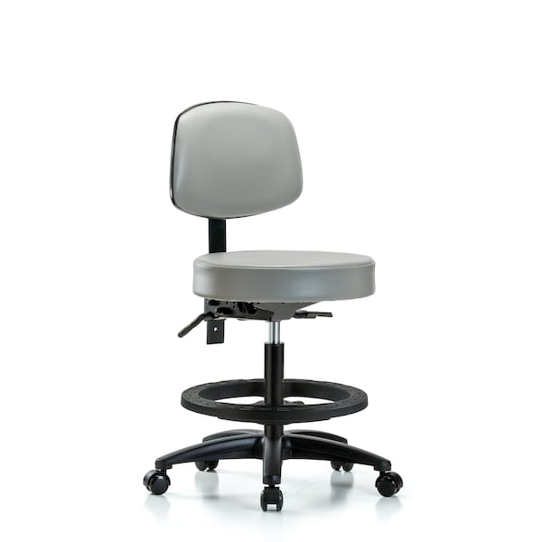 Rutledge Vin Stool with Back-Med Bench Height with Black Foot RingandCasters in Dove Trailblazer Vin