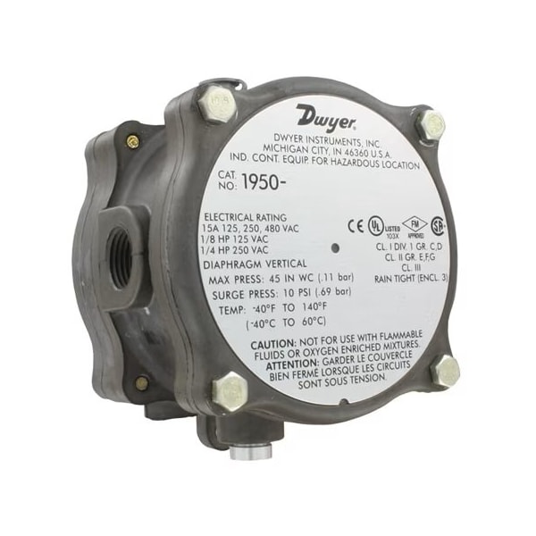 Explosion Proof Pressure Switch, Standard, SPDT, 1/8" FNPT, 4 to 20 in H2O Range, Aluminum