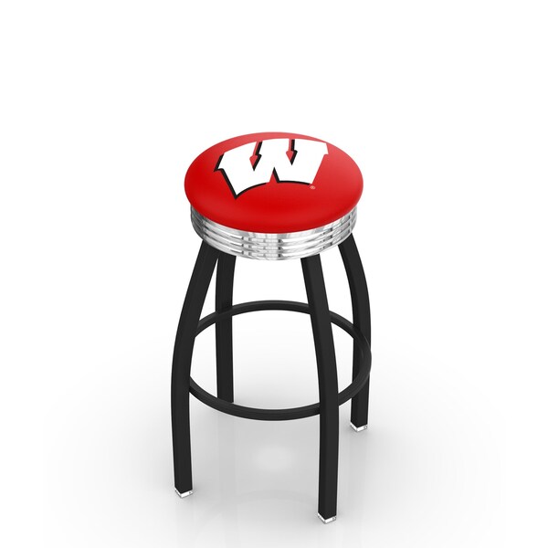 25" Blk Wrinkle Wisconsin "W" Swivel Bar Stool, Chrome Ring