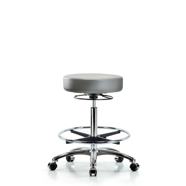 Vinyl Stool, Chrome, High Bench, Foot Ring, Casters, Sterling