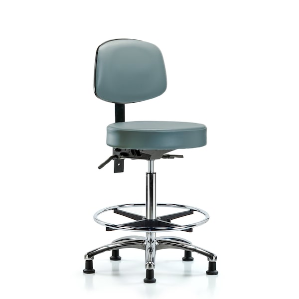 Vinyl Stool, Back, Chrome, High Bench, Foot Ring, Glides, Storm