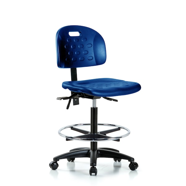 Poly Chair, High Bench, Tilt, Foot Ring, Casters, Blue