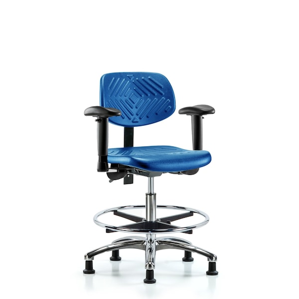 Poly Chair Chrome, Med Bench, Arms, Foot Ring, Glides, Blue