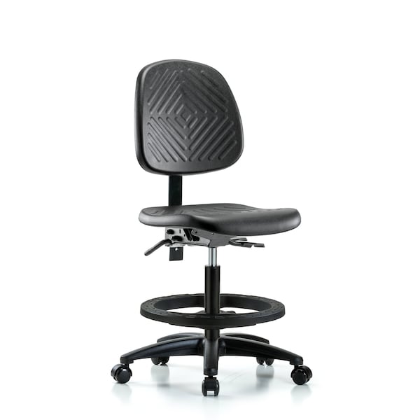 Bench Chair, Poly, Med, Bk, BF Casters, No Arms, 19-1/2" to 27-1/2" Height, Black; Blue