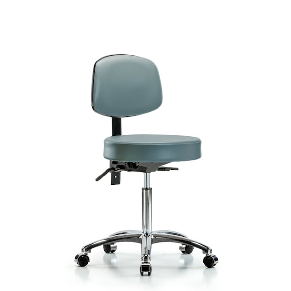 Vinyl Stool, Back Chrome, Med Bench, Casters, Storm