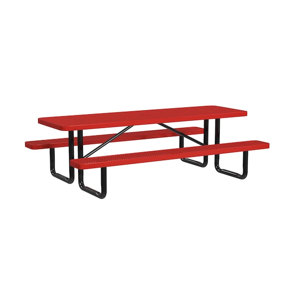 Rectangle Picnic Table, Red, In Ground Mount, 8 ft L