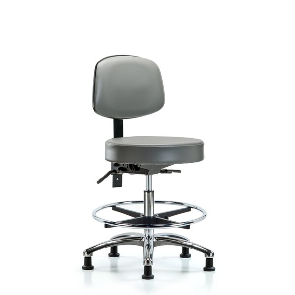 Vinyl Stool, Back, Chrome, Med Bench, Tilt, Foot Ring, Glides, Sterling