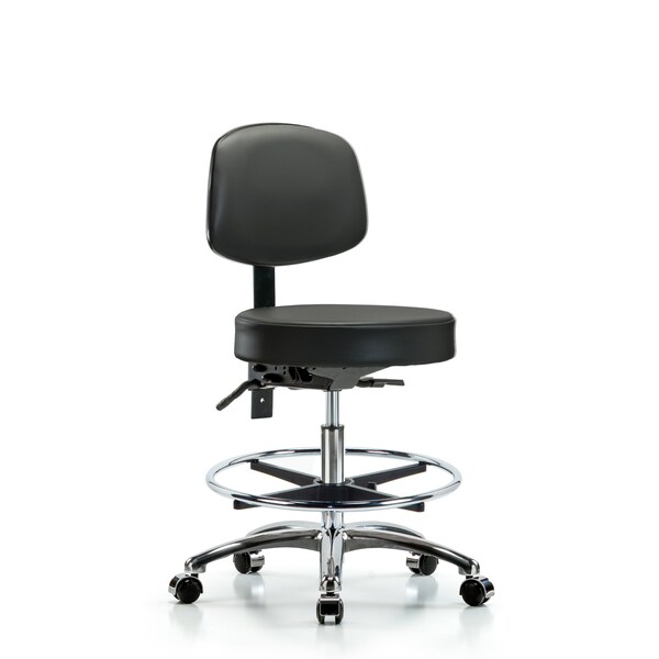 Vinyl Stool, Back, Chrome, Med Bench, Tilt, Foot Ring, Casters, Carbon