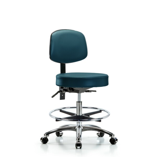 Vinyl Stool, Back, Chrome, Med Bench, Tilt, Foot Ring, Casters, Royal