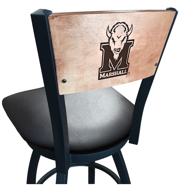 25" Blk Wrinkle Marshall Swivel Bar Stool, Laser Engraved Back