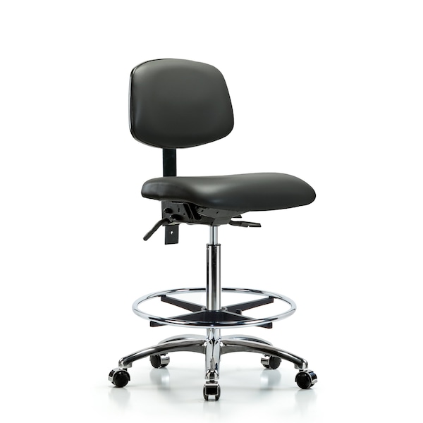Vinyl Chair Chrome, High Bench, Tilt, Foot Ring, Casters, Carbon