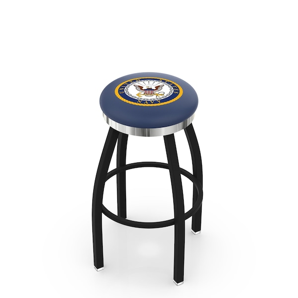 25" Blk Wrinkle U.S. Navy Swivel Bar Stool, Chrome Ring
