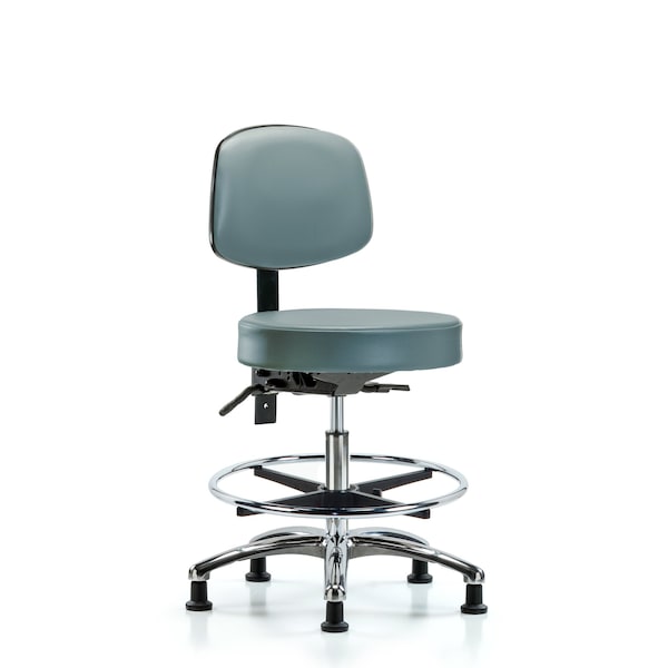 Vinyl Stool, Back, Chrome, Med Bench, Foot Ring, Glides, Storm