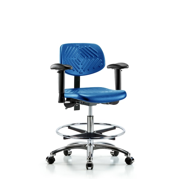 Poly Chair Chrome, Med Bench, Arms, Foot Ring, Casters, Blue