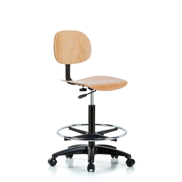 Chair, Wood, Hi Bench, CF Casters, Wood, Chrome, 21-1/2" to 31-1/4" Seat Height, Rolling
