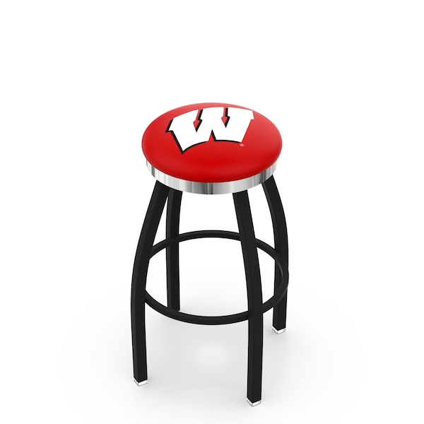 25" Blk Wrinkle Wisconsin "W" Swivel Bar Stool, Chrome Ring