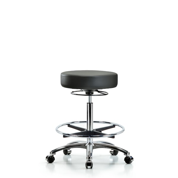 Vinyl Stool, Chrome, High Bench, Foot Ring, Casters, Carbon