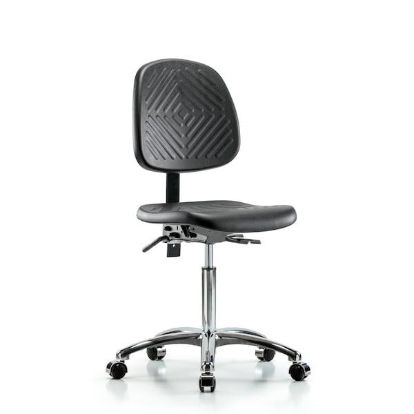 Bench Chair, Poly, Med, Bk, Chrome, Casters, No Arms, 19-1/2" to 27-1/2" Height, Black; Blue