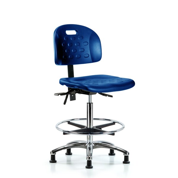 Poly Chair Chrome, High Bench, Tilt, Foot Ring, Glides, Blue