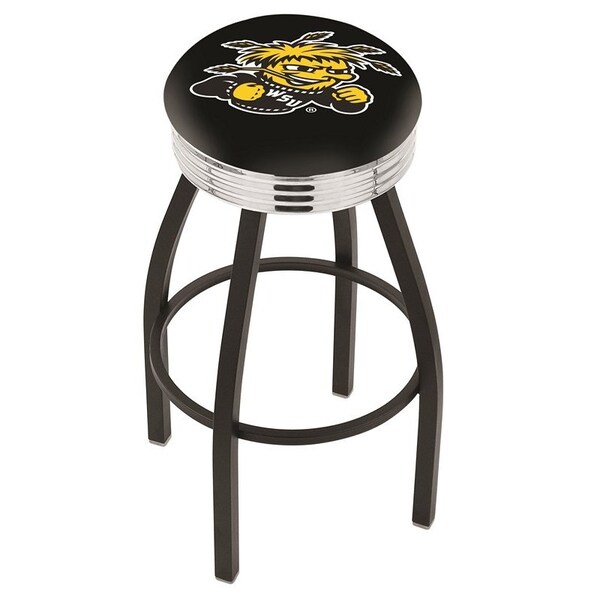 25" Blk Wrinkle Wichita State Swivel Bar Stool, Chrome Ring