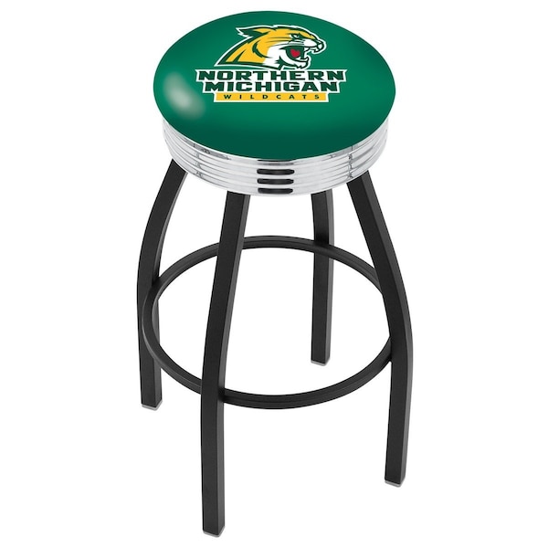 25" Blk Wrinkle Northern Michigan Swivel Bar Stool, Chrome Ring