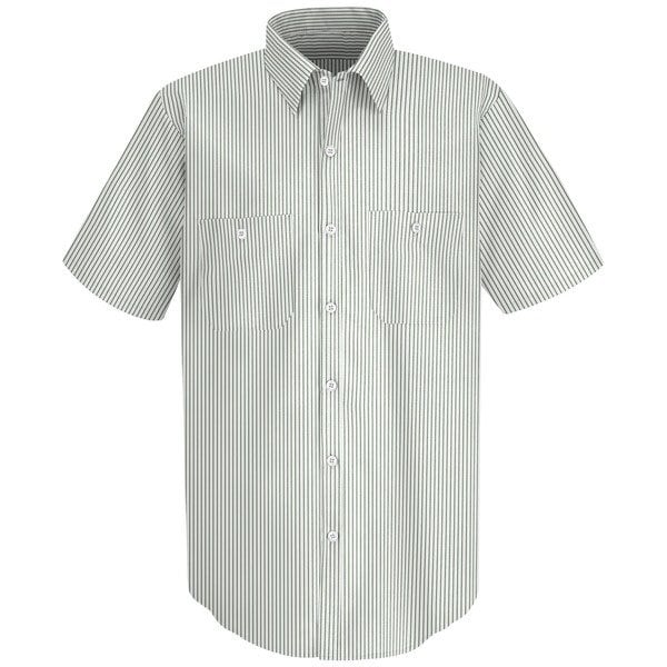 Short Sleeve Striped Work Shirt, 65% Polyester/35% Cotton, Button Fronts, White/Green, 4XL