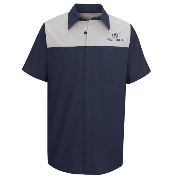 Men's Short Sleeve Acura Tech Shirt, 65% Polyester/35% Cotton, Button Fronts, Navy/Gray, 2XL