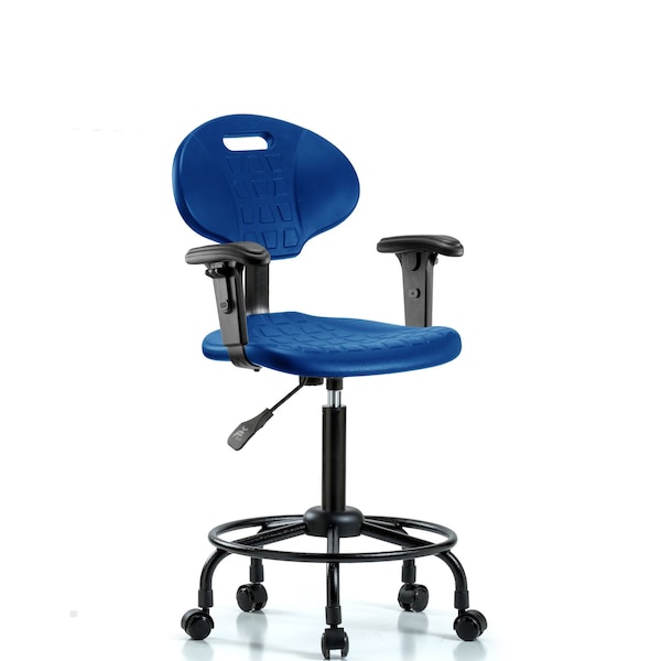 Erie Poly Chair, Med Bench, Arms, Round Tube Base, Casters, Blue