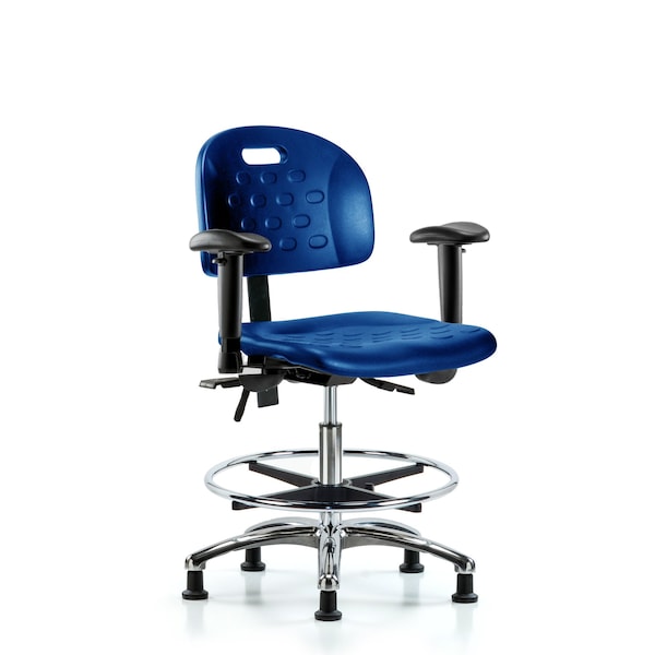 Poly Chair Chrome, Med Bench, Arms, Foot Ring, Glides, Blue